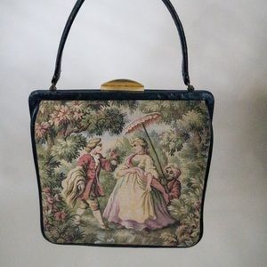 Vintage Needlework Tapestry 18th Century Rococo Couple Handbag Brass Clasp